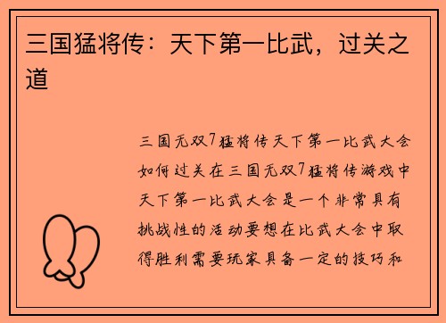 三国猛将传：天下第一比武，过关之道